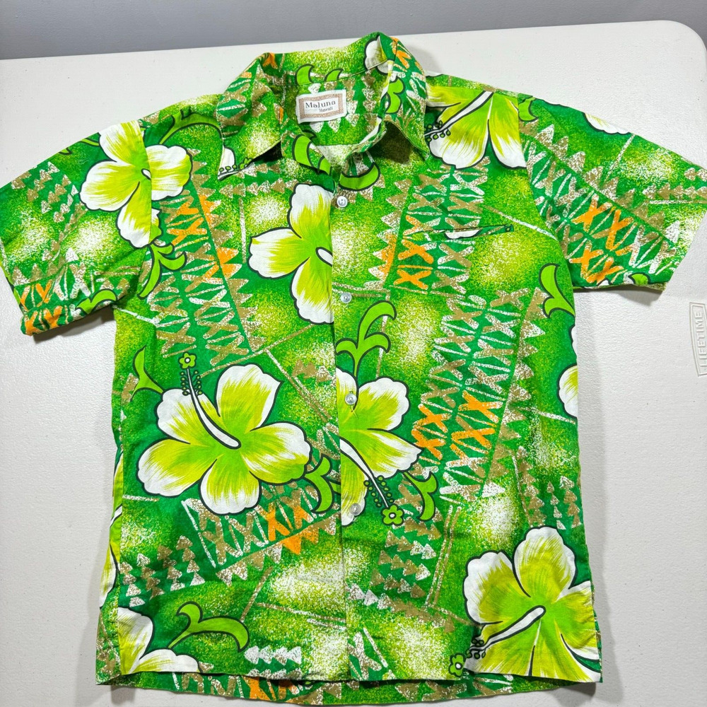 Maluna Hawaii Mens Green Cotton Vintage Hibiscus Aloha Shirt - Picture 4 of 8